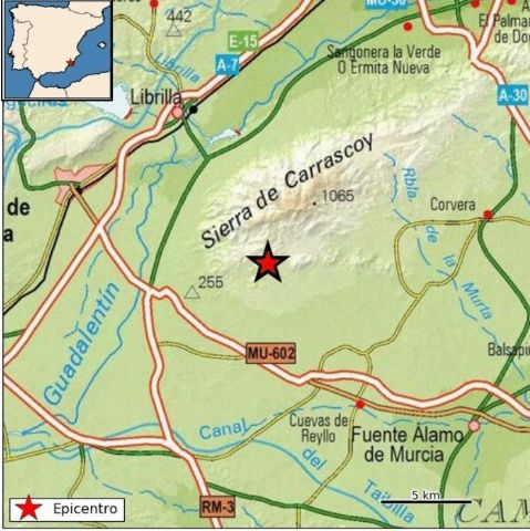 El 1-1-2 recibe llamadas informando de movimiento sísmico. El IGN confirma sismo magnitud 3,3 y epicentro al SE de Librilla